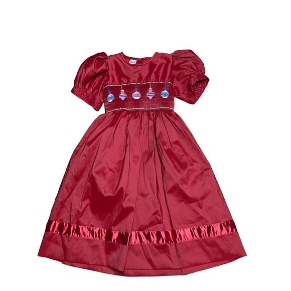 Cindy’s Christmas ornaments red smocked puff sleeves pageant party dress 6 - Picture 1 of 5
